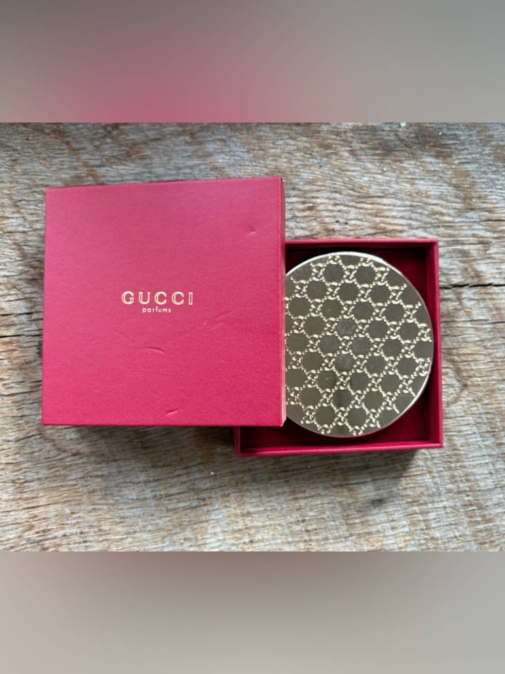 Gucci Gold-Tone Patterned Compact with Red Box, New